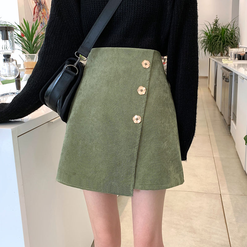 Fall/winter new petal button irregular skirt corduroy pit A- line skirt skirt women with safety pants