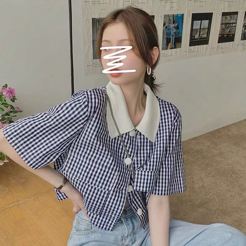 Japanese Plaid Short Sleeve Cardigan Shirt Women's Design Sense Minor Summer Doll Collar French Small Fragrant Short Top