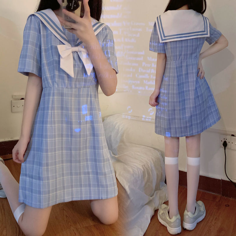 Sweet Japanese skirt 2020 summer new slim temperament small fresh navy collar plaid fake two-piece dress