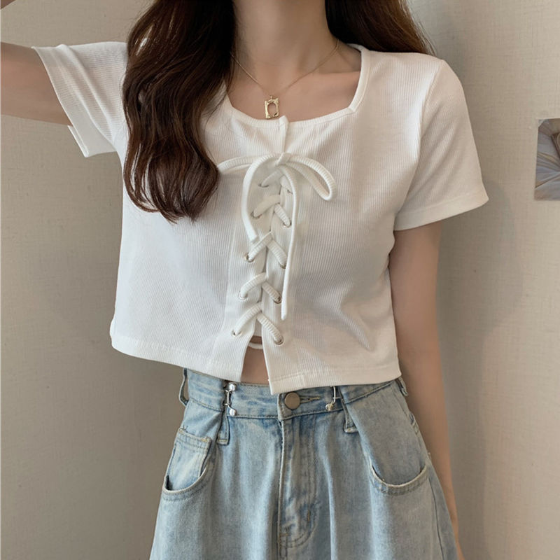 Ins design feel careful machine short T-shirt women summer 2022 new net red high waist hot girl strap short sleeve jacket