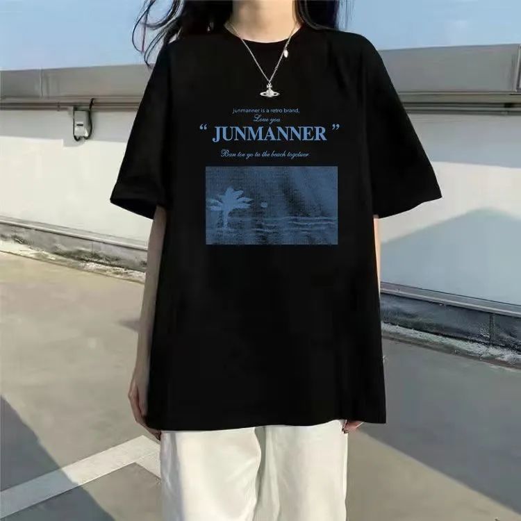 Black cotton spring and summer Korean version of ins lazy wind cartoon printed short sleeve T-shirt female students loose Joker coat tide