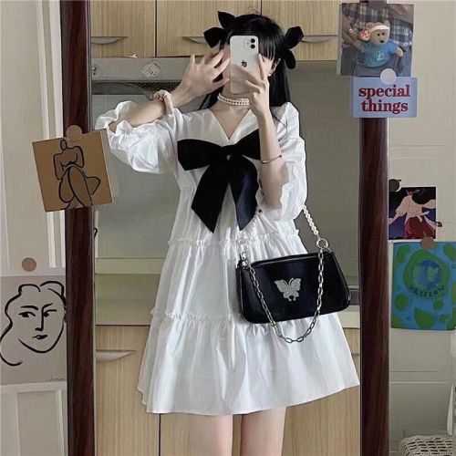 French bow fairy dress summer 2022 new age-reducing white cute princess skirt bubble sleeve dress