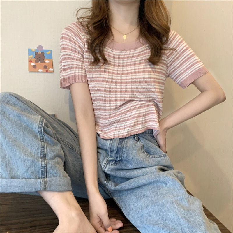 Striped knitted short sleeve T-shirt women's summer 2021 new design feeling niche slim bottoming short jacket