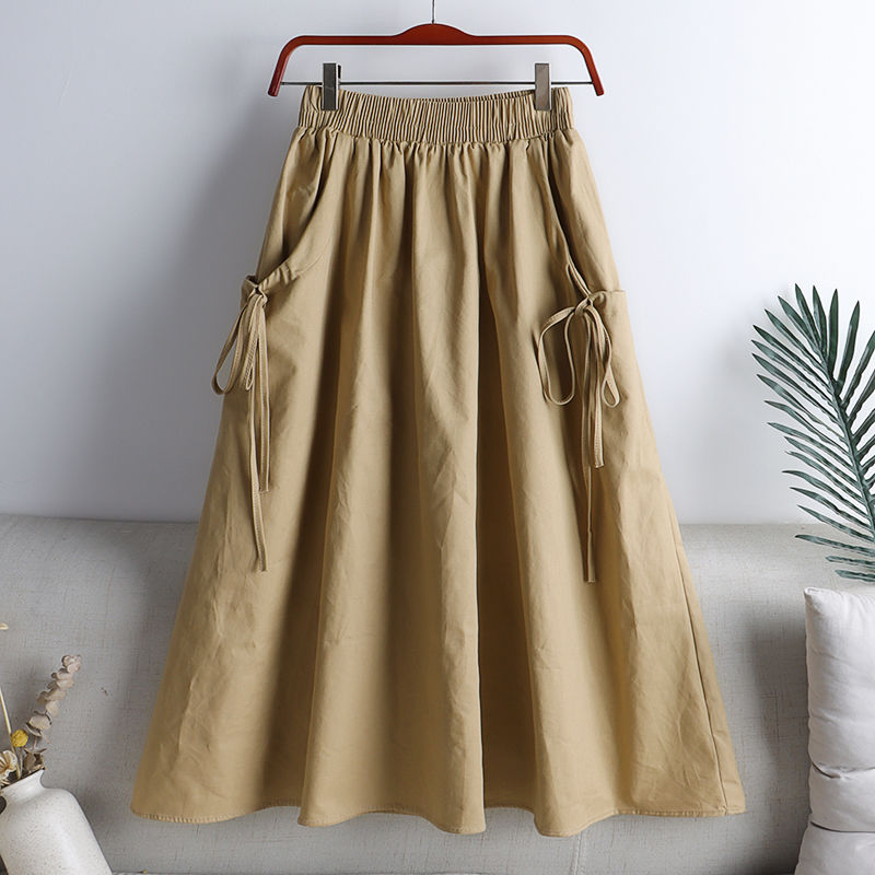 In the summer of 2022, the new Joker solid color lace-up drawstring pocket in the long cotton frock half-length A- line skirt for women