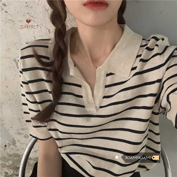 Lazy wind striped V-neck pullover polo shirt women's summer Joker retro T-shirt loose short sleeve sweater top