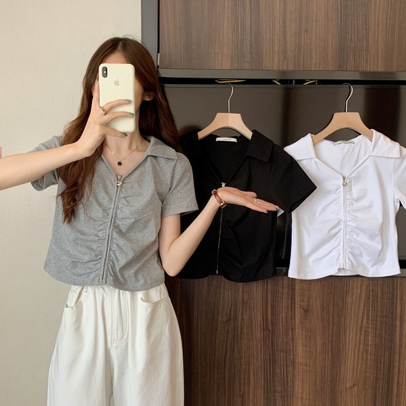 European station senior women's French chic shirt super good-looking jacket short zipper short sleeve T-shirt summer thin