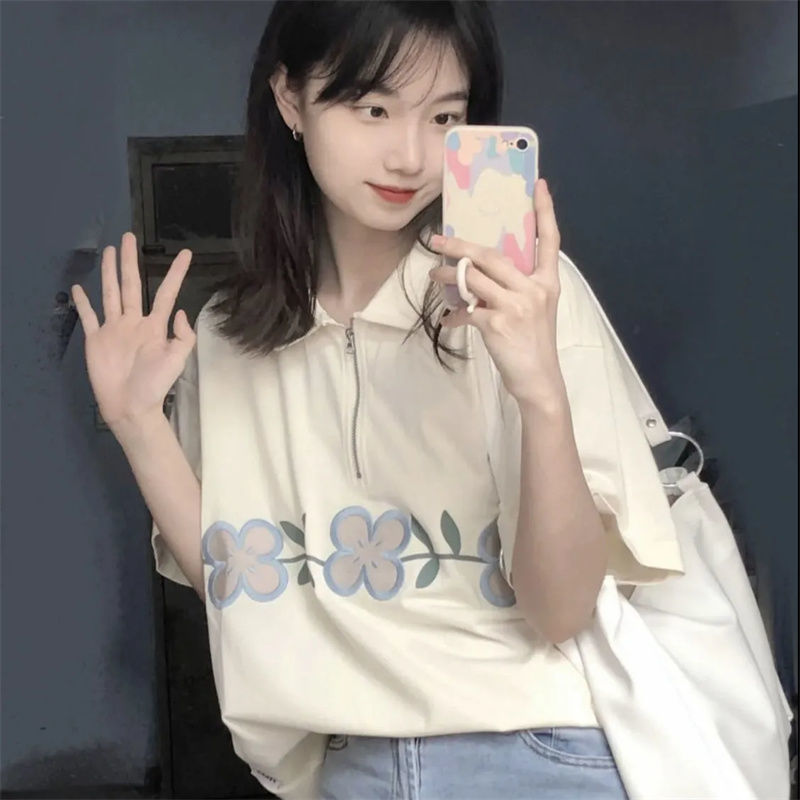 2022 summer new polo shirt short sleeve T-shirt female students Korean version of loose sweet coat female