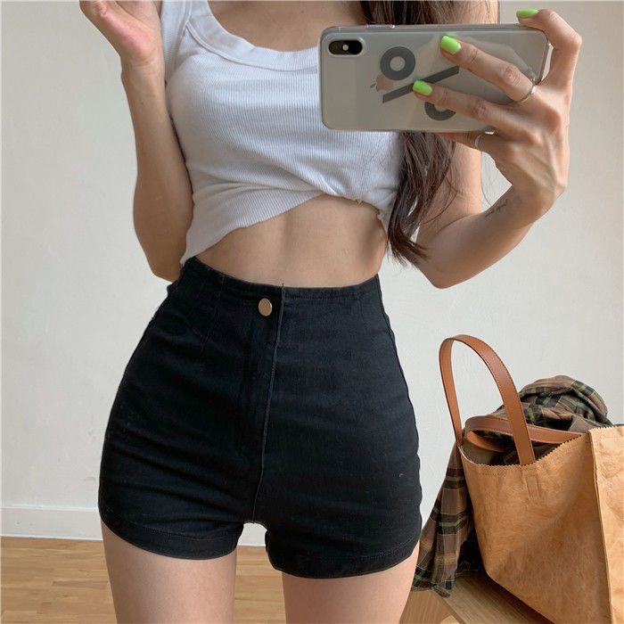 Ins tight stretch denim shorts women's summer new Joker high waist slimming long legs black a hot pants