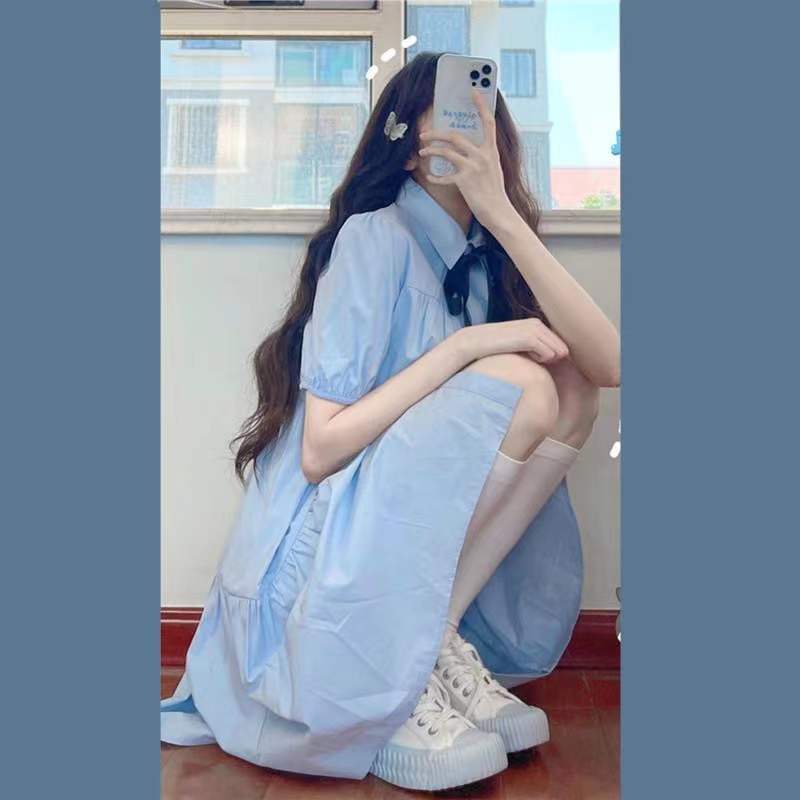 Blue dress women's summer women's 2022 new women's gentle first love bubble sleeve shirt doll skirt French