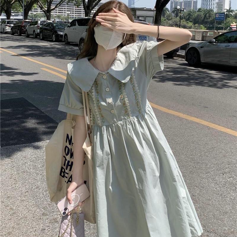 Academic style summer small fresh lace doll collar waist slim dress female students long a-line skirt