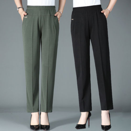 Middle-aged and elderly women's pants summer thin casual mother pants high waist elastic large size straight pants solid color old pants