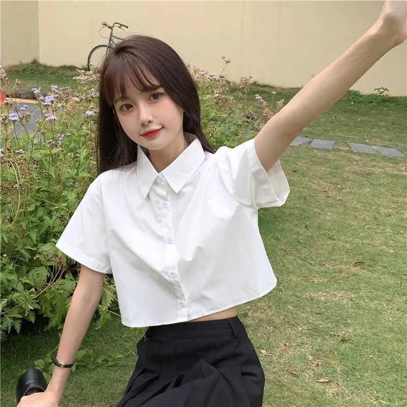 2022 Summer New Girl polo Collar Short Sleeve White Shirt Female Design Sense Korean Short Jacket