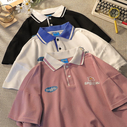 300kg fat mm best friend polo collar coat female summer Harajuku design feeling minority student couple short sleeve T-shirt