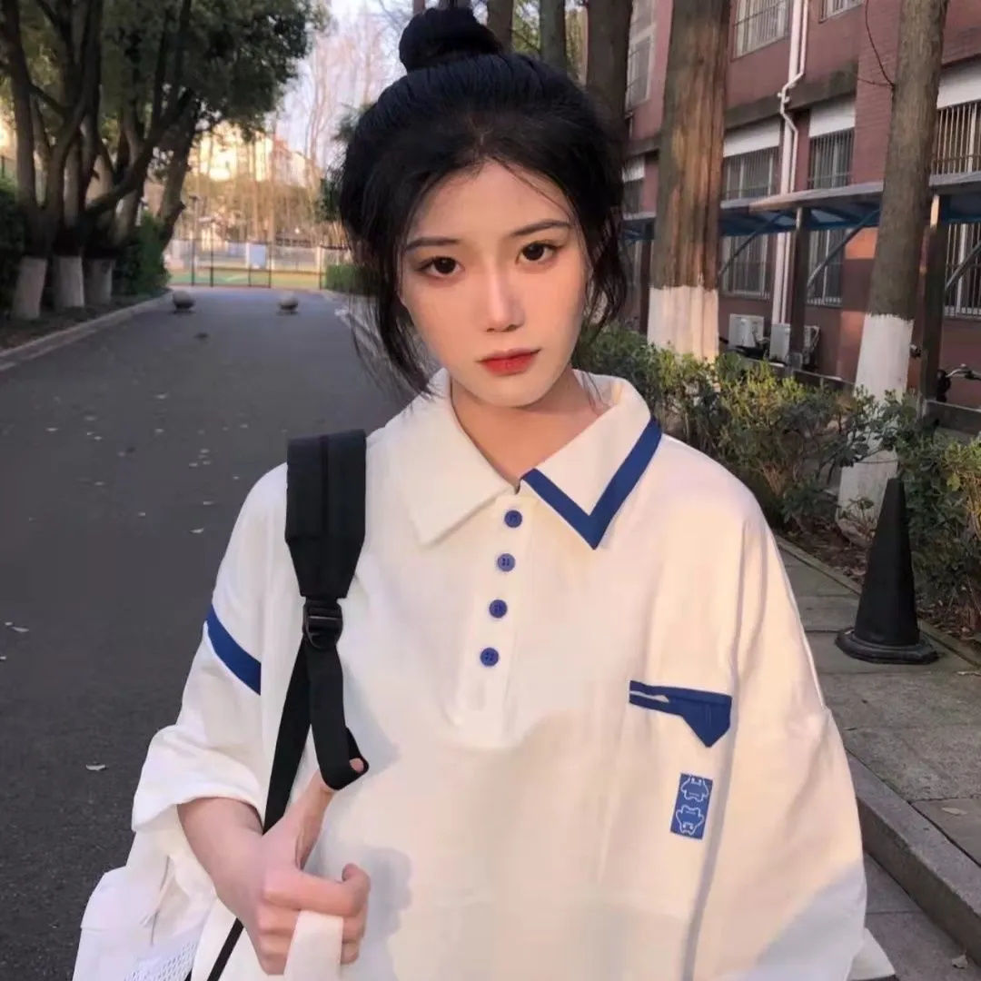 POLO shirt summer students casual short sleeve sports female loose age reduction college style tide brand lapel personality T-shirt