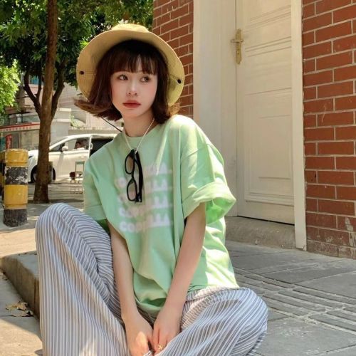 Mint Green Summer Harajuku Wind Loose Fat mmt Shirt Female Letter Printing ins Wind Short Sleeve