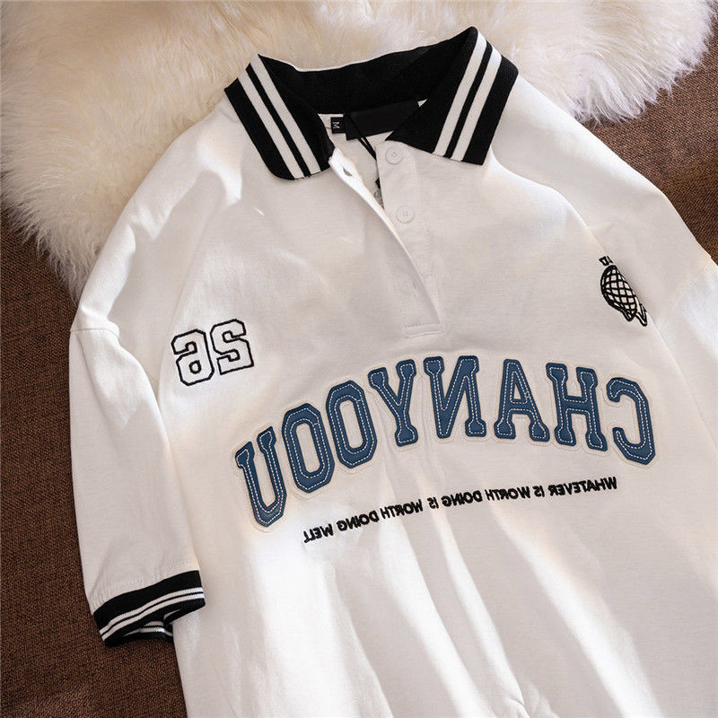 American street polo shirt lapel short sleeve T-shirt women's summer loose retro Hong Kong flavor chic half sleeve jacket ins tide