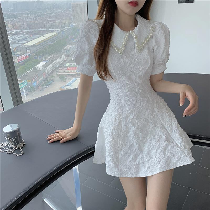 French pearl doll collar short sleeve dress summer 2022 new sweet and spicy slim a-shaped short skirt