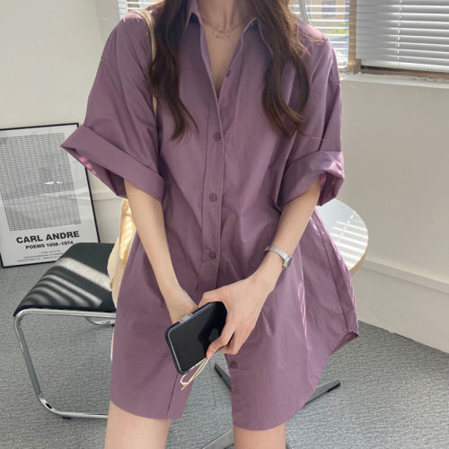 Purple short sleeve shirt women's design feeling retro Hong Kong flavor new summer long shirt loose clothes Japanese
