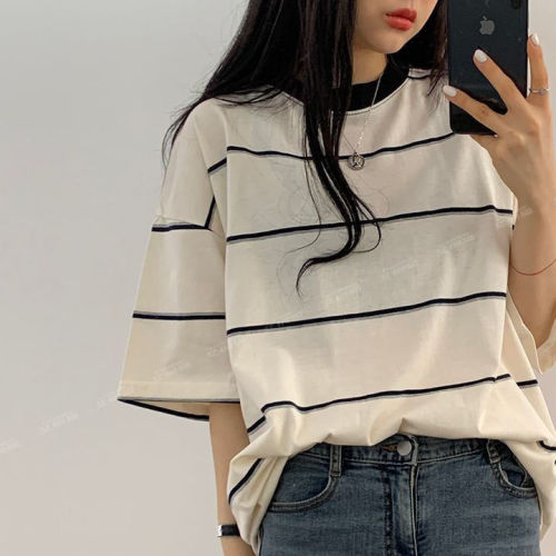 100% striped short sleeve T-shirt women's summer 2022 new design feeling small loose students plus size coat ins tide