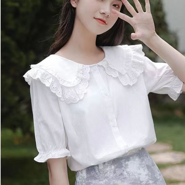 Academic style French doll collar white short sleeve shirt women's summer new sweet lace bubble sleeve Korean shirt