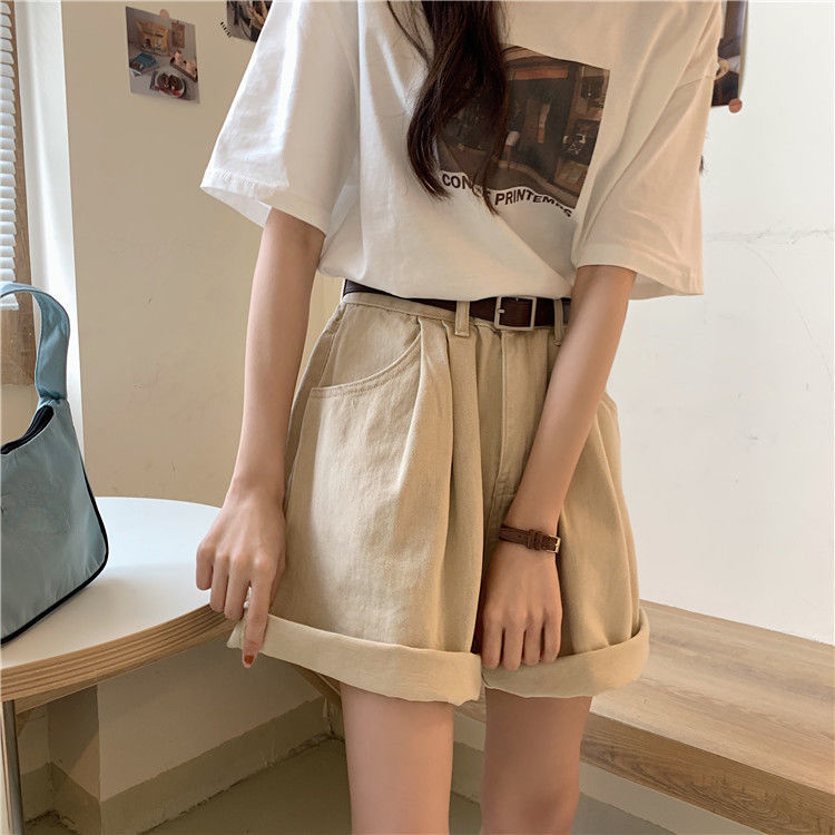 Summer Korean version of ins retro loose curling high waist denim shorts women Joker slim wide legs five hot pants tide