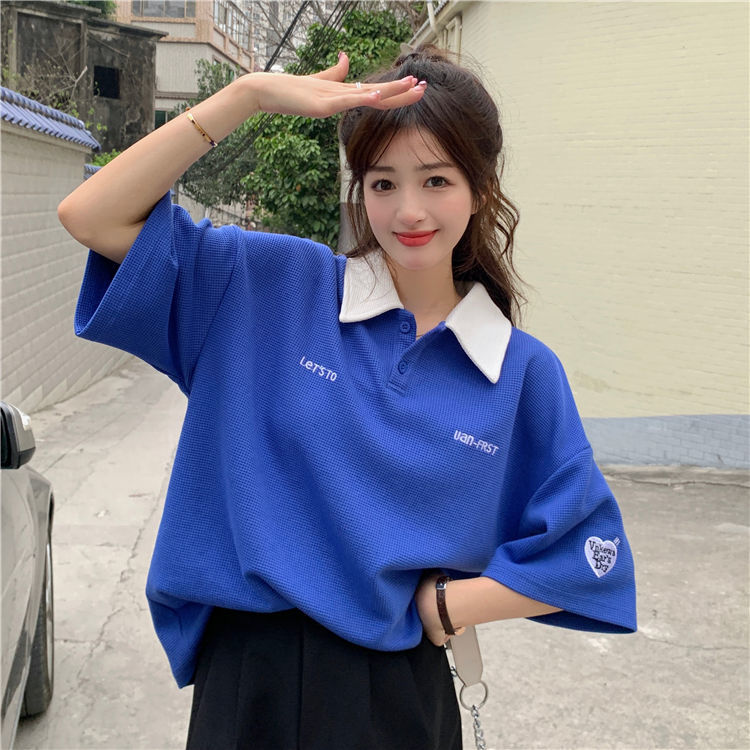Waffle Embroidered Student T-Shirt Female ins Summer New Polo Collar Klein Blue Loose Joker Fashion Top