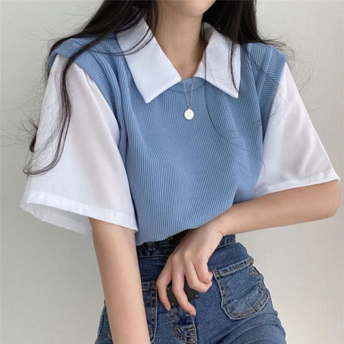 Polo lapel fake two-piece academic style simple contrast color short sleeve T-shirt women loose slim casual Joker jacket ins