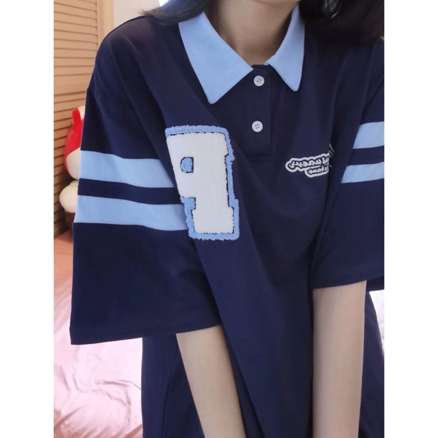 American retro Polo shirt short sleeve T-shirt female 2022 new Korean version of ins letter tide student loose half sleeve jacket