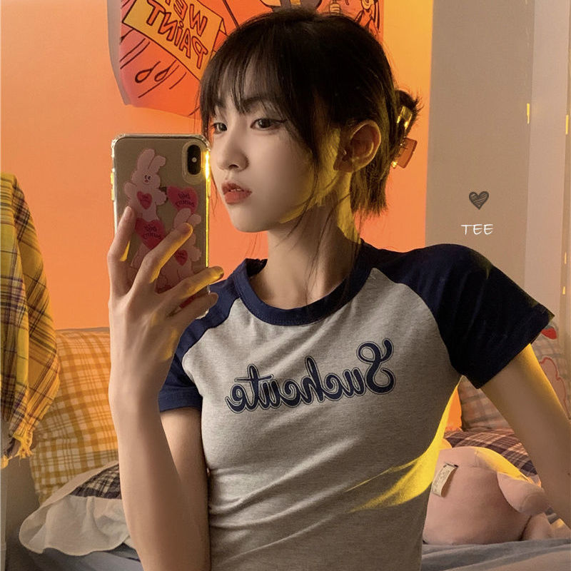 Summer 2022 casual American Spice Girls retro campus BM contrast letter printing slim raglan sleeve short sleeve T-shirt women