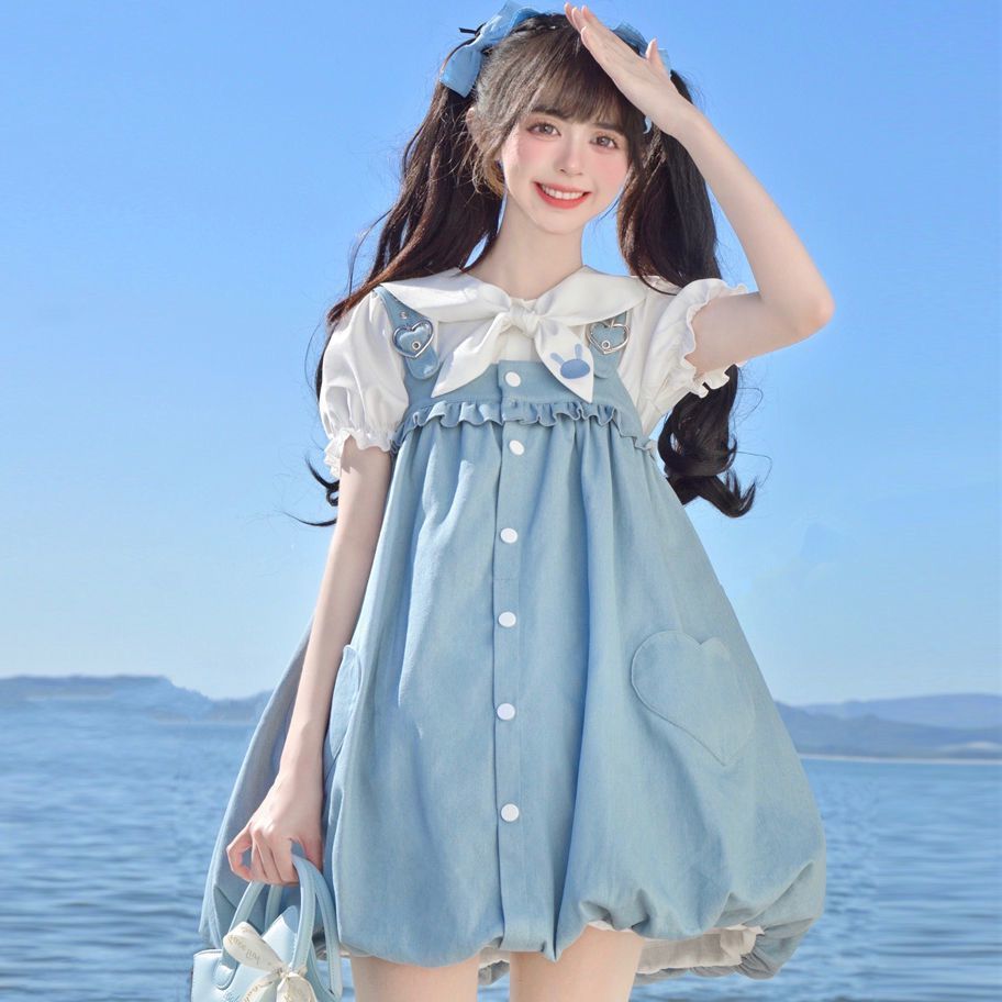 Summer student soft girl suit cute rabbit ears navy shirt strap bud dress two-piece set