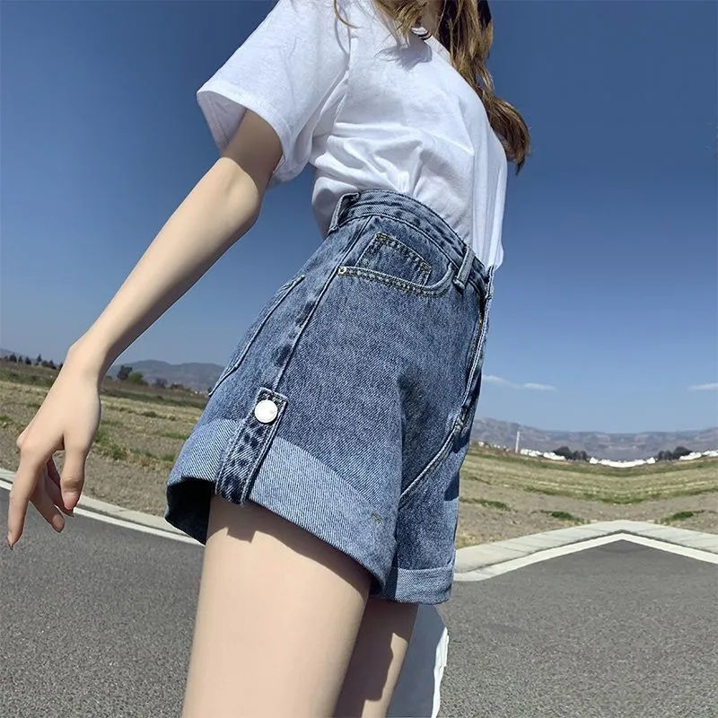 High waist denim shorts women summer 2022 thin Korean version of loose size flanging students wear BF wide leg hot pants