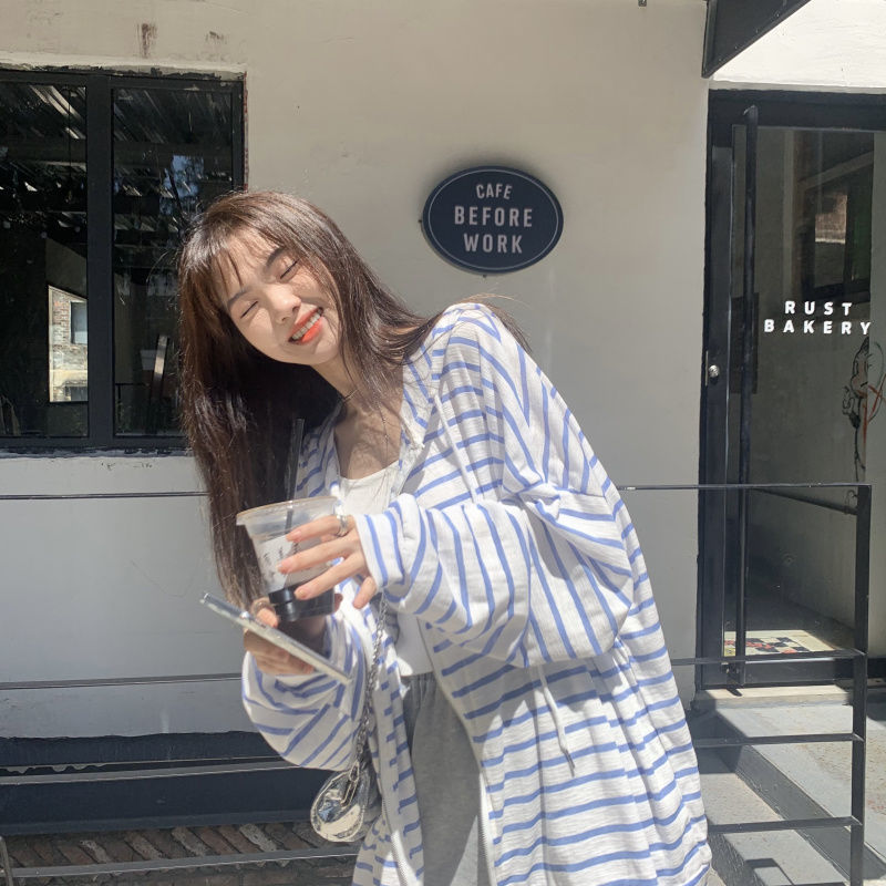 Striped sunscreen Jacket Women's spring and summer 2022 new Korean casual loose thin long sleeve top ins fashion