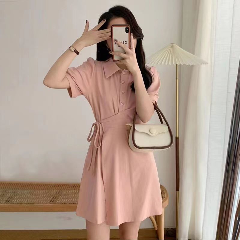 2022 summer new pure desire pure color French fairy skirt lace up waist fake two short sleeve women's dress