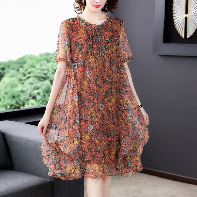 Summer new 2022 small floral mesh foreign style medium long large loose slim short sleeve mother dress