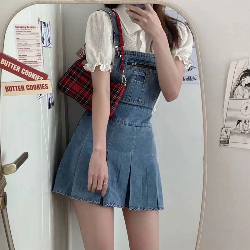 Summer new ins net red high waist thin versatile age reducing denim Pleated Dress women's Korean strap skirt