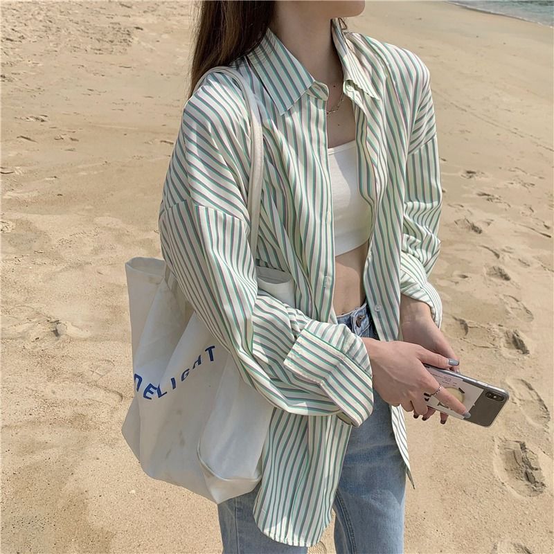 Summer 2021 new casual Vintage Shirt Long Sleeve Striped temperament top design sense of minority sunscreen shirt women