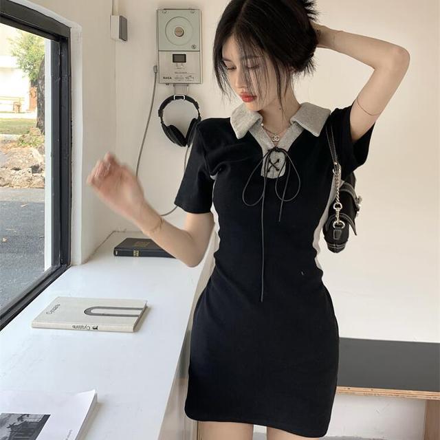 Spice Girls contrast color Lapel lace up short sleeve dress women's summer V-neck close waist slim high-grade Hip Wrap Skirt
