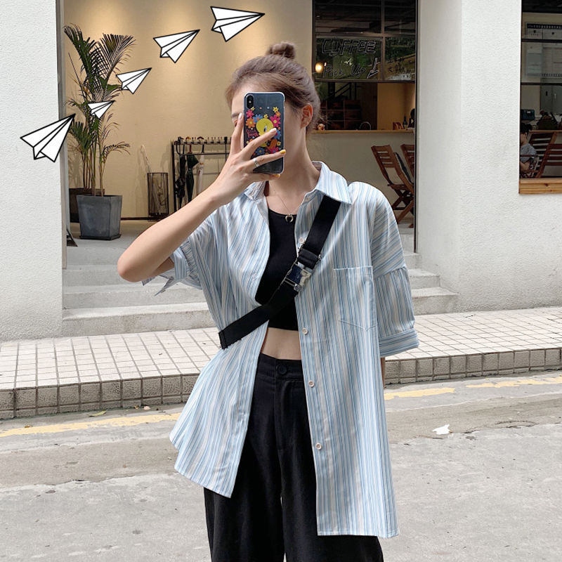 Summer stripe short sleeve shirt women's Korean version new Korean version design sense ghost horse Hong Kong style shirt thin top fashion