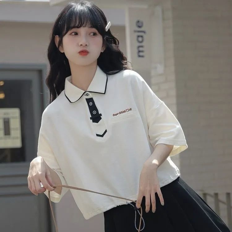Cotton polo shirt lapel short sleeve T-shirt female Korean version of loose summer new academic style personalized letter coat tide