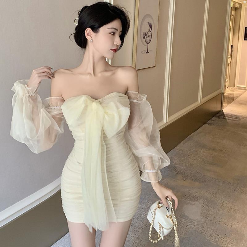 Off shoulder dress French mesh waist small skirt summer new bow long sleeve temperament Hip Wrap Skirt women
