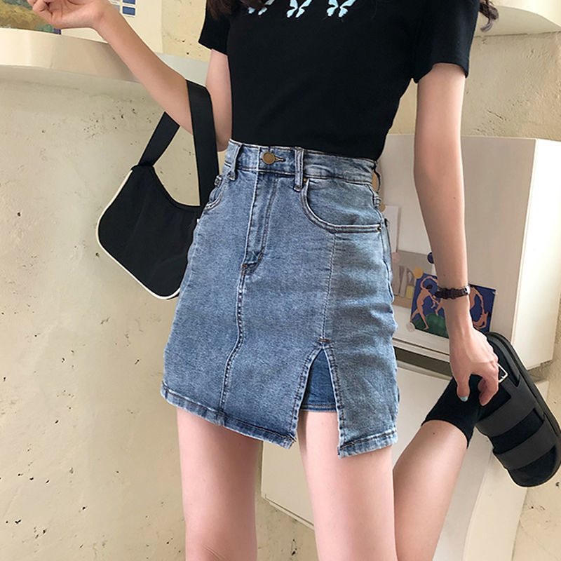 Light proof denim skirt women's summer fashion small man Black Wrap hip high waist large size slim A-line short skirt pants