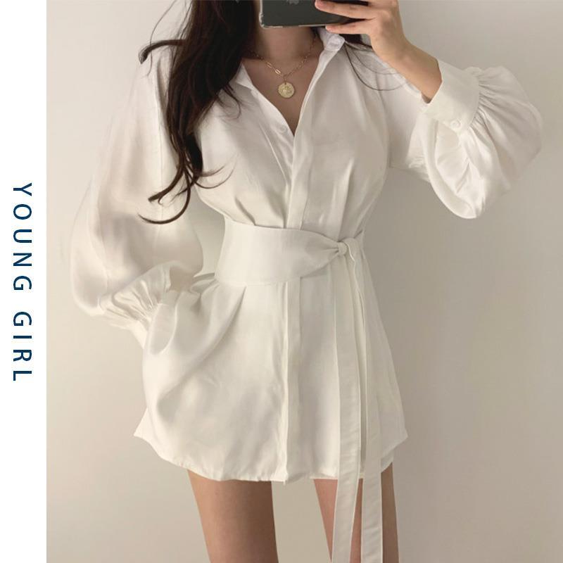 White Lantern Sleeve Shirt Shorts two piece set women 2022 new mid length Tunic Shirt women's design