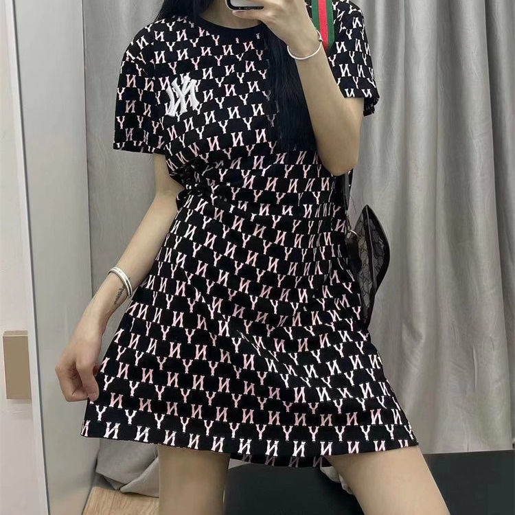 Dress long T-shirt Korean embroidered Yankee NY dress T-shirt skirt round neck large loose straight skirt