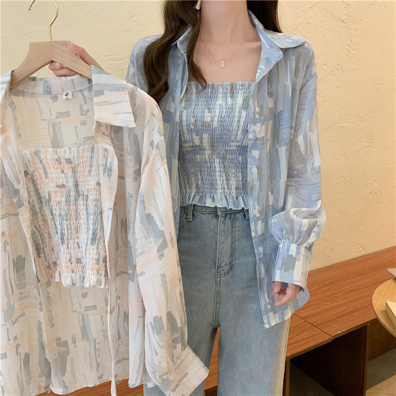 Single / suit large women's 2022 summer new tie dyed Chiffon sun proof cardigan shirt + small sling two piece set