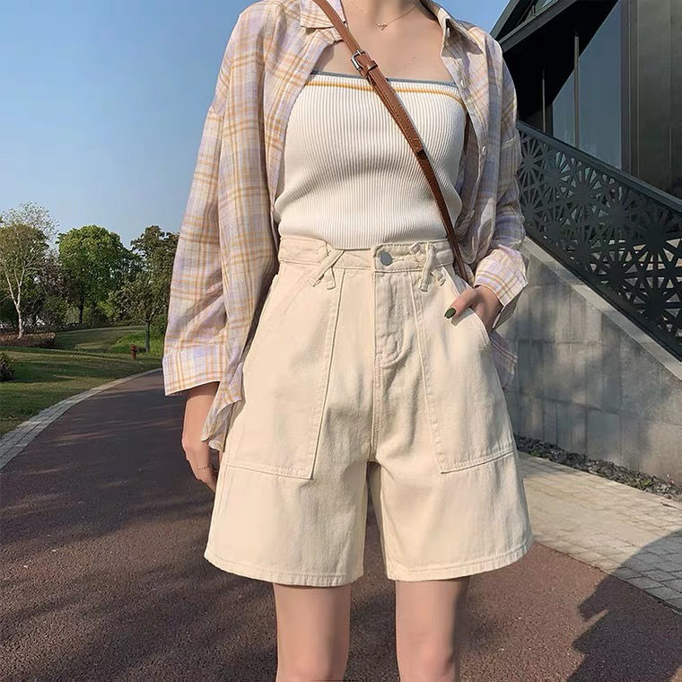 Cropped pants women's loose 2021 spring / summer Korean version straight tube Hong Kong Style A-line shorts High Waist Wide Leg denim pants trend