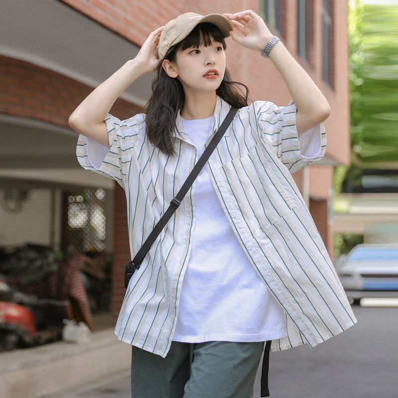 Summer 2022 New Retro harbor style vertical stripe shirt women's small fresh loose short sleeve college style top fashion
