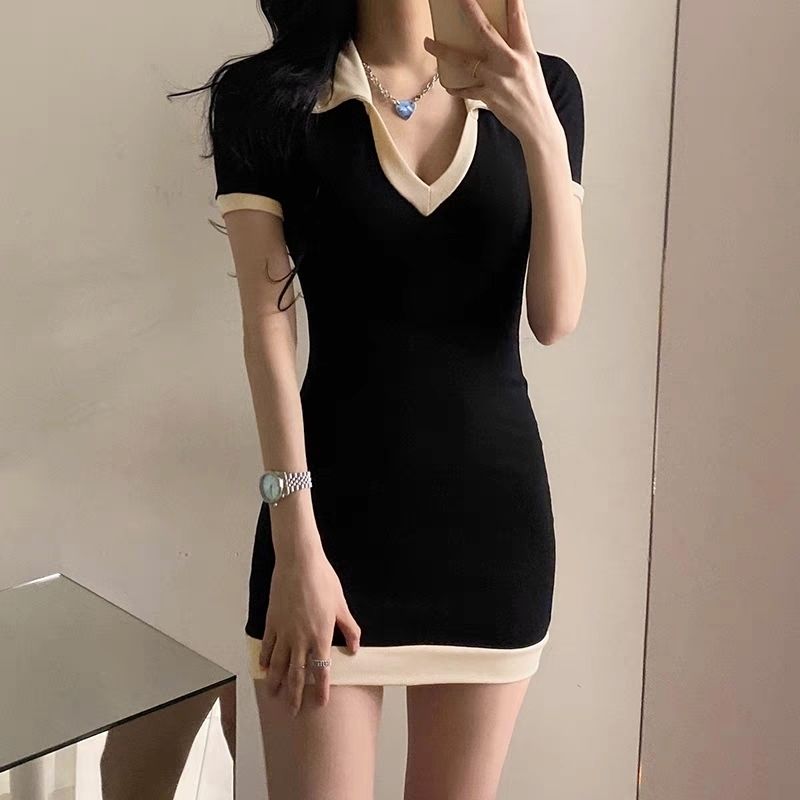 Polo contrast bonded cuffed low cut V-neck dress women slim in summer hot girls versatile Hip Wrap short skirt