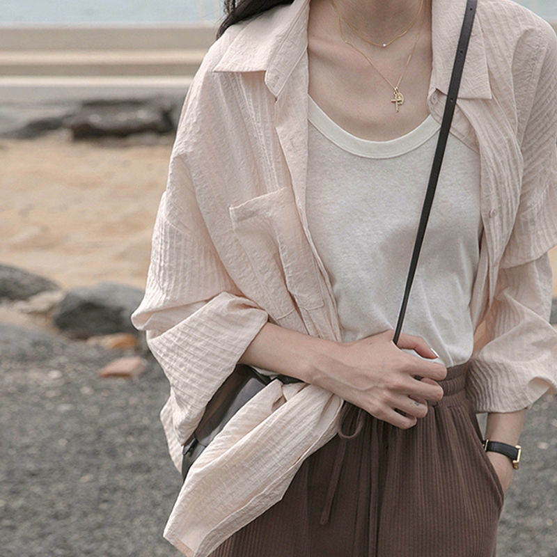 Retro Hong Kong style cotton linen shirt women's spring and summer thin French lazy loose design sense minority top sunscreen coat