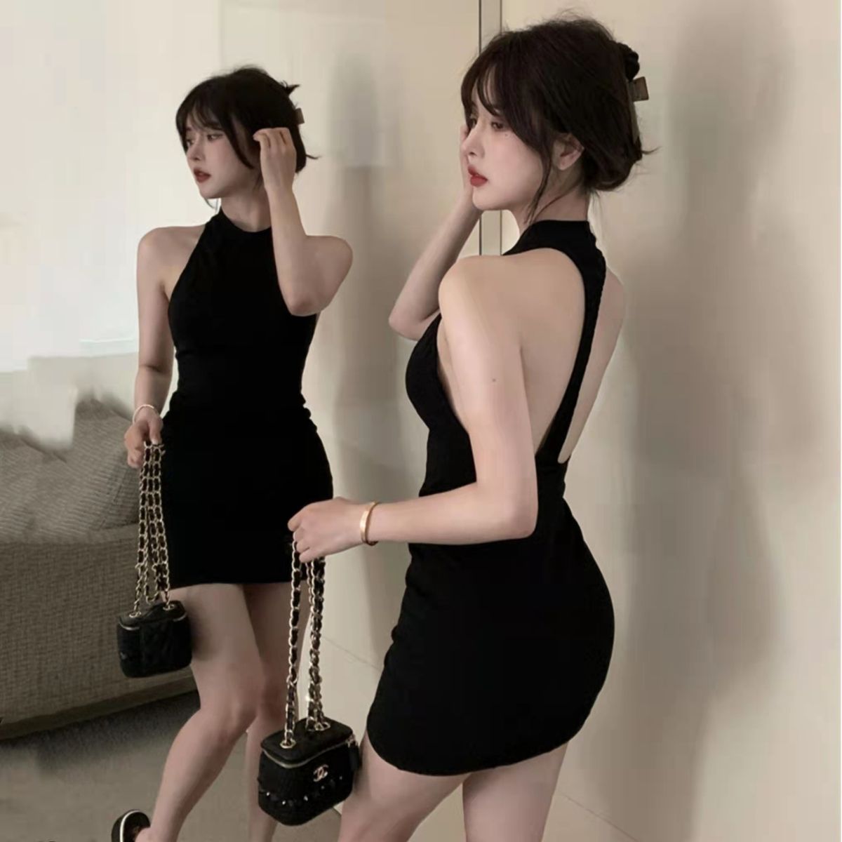 Pure sexy girl dress women's Summer Black Halter backless skirt 2022 new tight hip short skirt