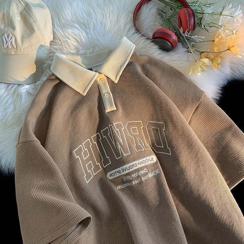Waffle polo collar short sleeve T-shirt women's summer 2022 loose ins tide Harajuku chic Hong Kong flavor super fire top